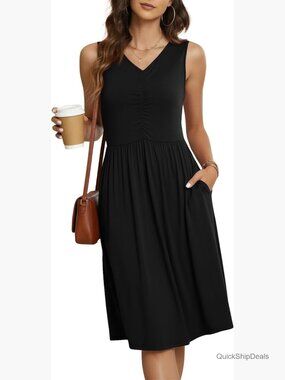 Rayon Blend Sleeveless V-Neck Empire Waist Dress with Pockets